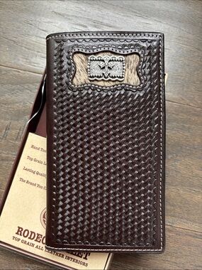 3D Rodeo Wallet,Genuine hand tooled leather,hair hide,Concho,bifold Western